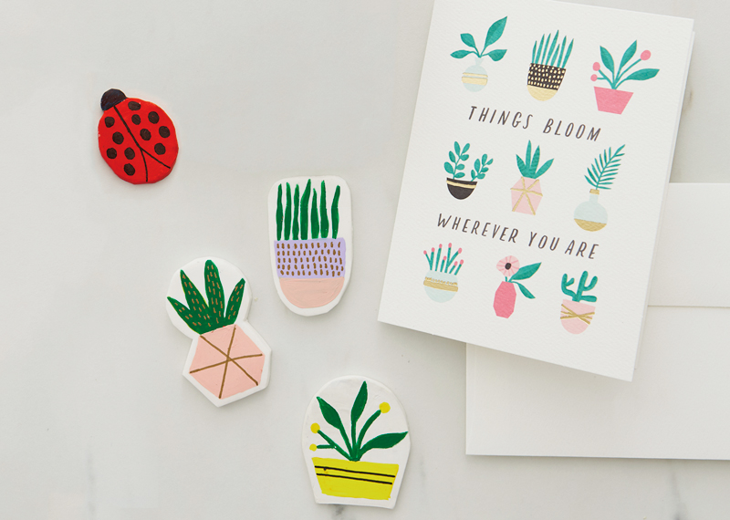 Cartão de felicitações com 9 tipos de vasos de plantas: