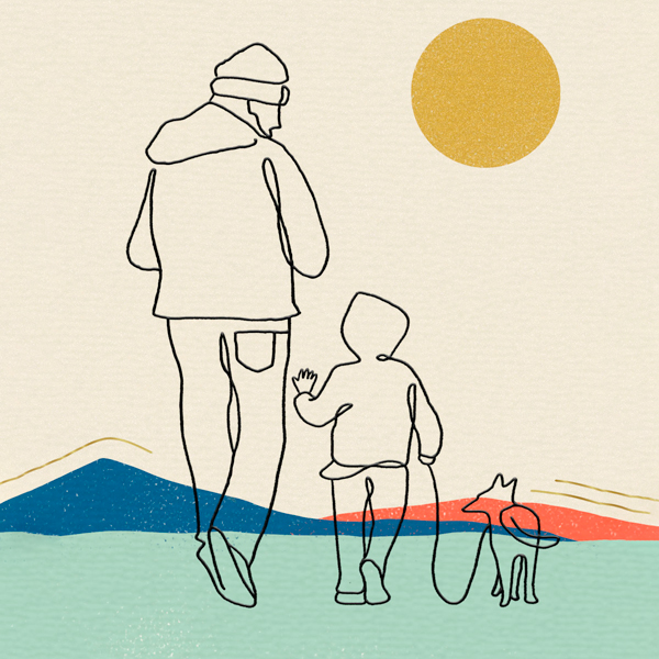Um desenho de um homem passeando com seu cachorro e seu filho conversando ao pôr do sol.