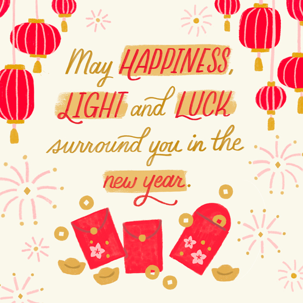 Mensagem com ilustrações para comemorar o Ano Novo Lunar,