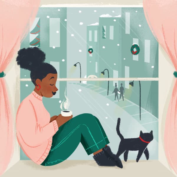 Representação de uma mulher sentada em um assento na janela com um gato a seus pés