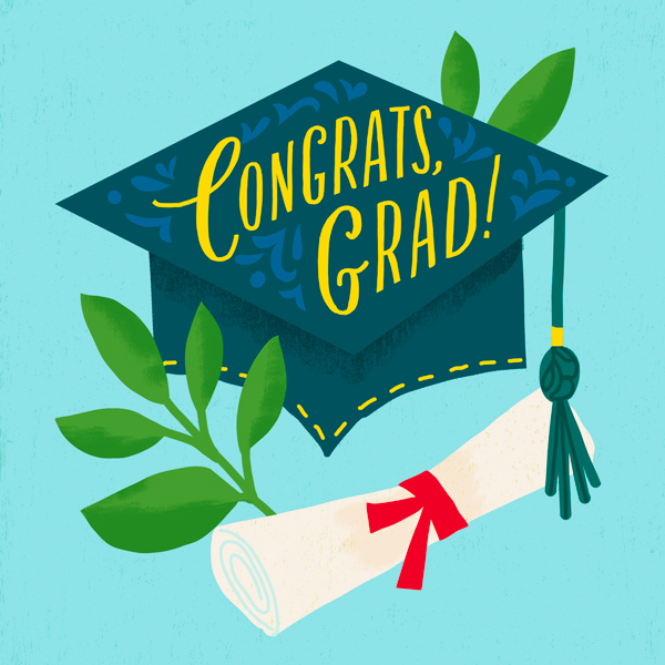 Parabéns graduados escritos em um certificado de graduação e chapéu de formatura!