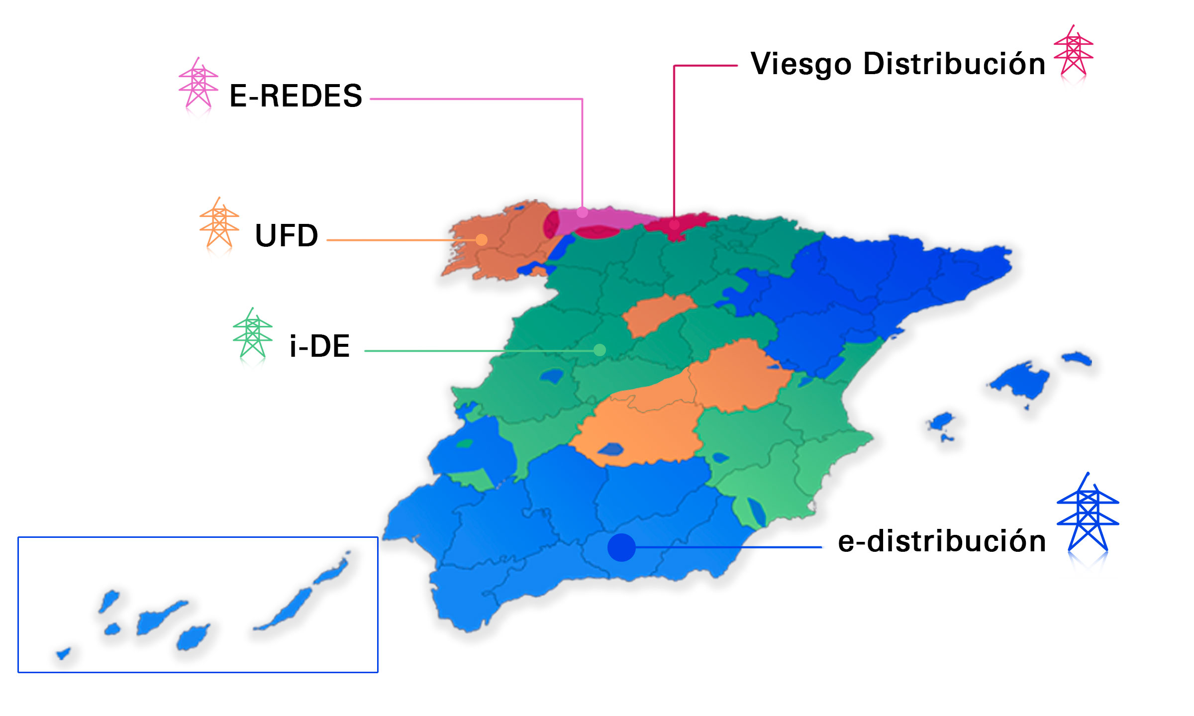 A zona de cada empresa de vendas de energia está listada no mapa espanhol. As informações são explicadas na segunda metade do texto.< pan> Viesgo: Kantaburia, parte do sul e oeste de Assturias.